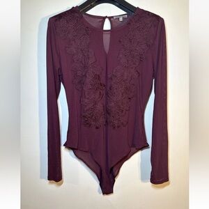 Y2K vintage Charlotte Russe Sheer floral lace applique Bodysuit Long Sleeve top